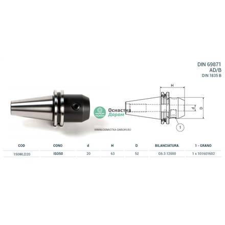 Оправка ISO50 DIN69871 WELDON H63 D.20 PAGNONI 150WLD20