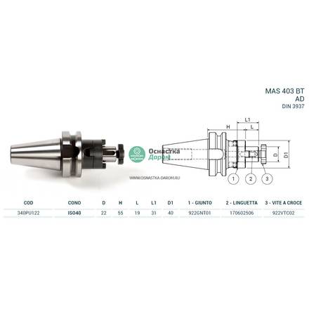 Оправка ISO40 MAS403BT P/F UNIV. H55 D.22 PAGNONI 340PU122