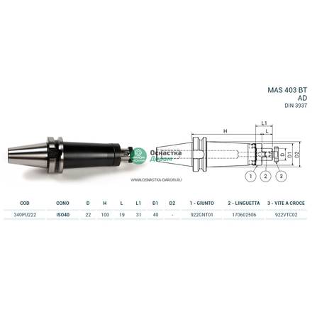 Оправка ISO40 MAS403BT P/F UNIV. H100 D.22 PAGNONI 340PU222