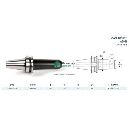 Оправка ISO50 MAS403BT WELDON H200 D.10 PAGNONI 350WE510