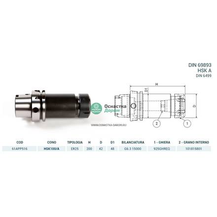 Патрон цанговый HSK100/A DIN69893 P/P H200 ER25 PAGNONI 61APP516