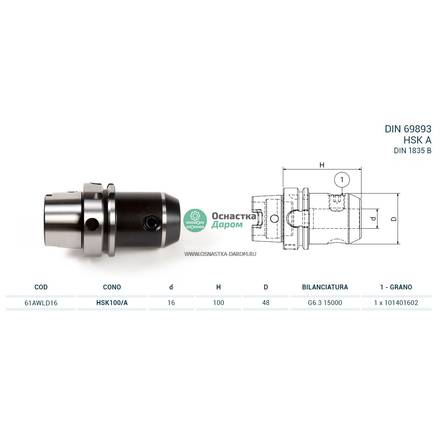 Оправка HSK100/A DIN69893 WELDON H100 D16 PAGNONI 61AWLD16