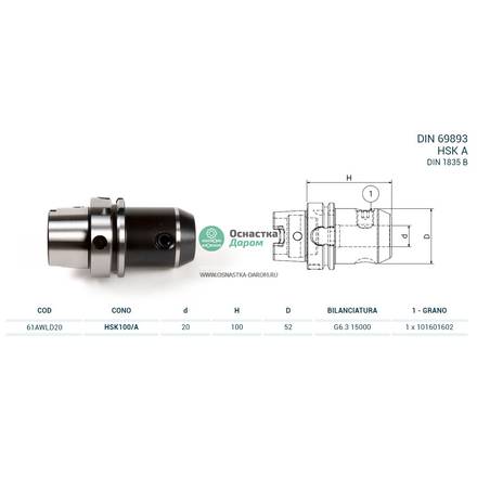 Оправка HSK100/A DIN69893 WELDON H100 D20 PAGNONI 61AWLD20